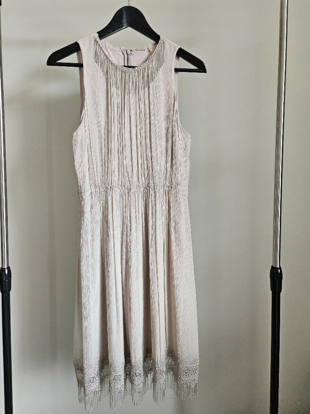 NWOT Elie Tahari 100% Silk Pleated Fringe Dress Muted Taupe Grey - US 6